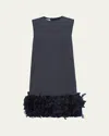Prada Mat Feather-hem Mini Dress With Crystal Buttons In Ardesia