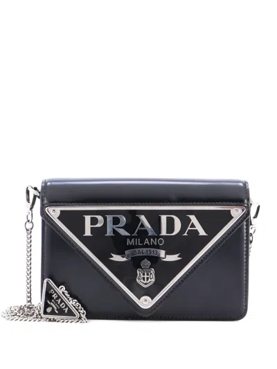 Pre-owned Prada Maxi Triangle Logo Chain Flap Bag Brushed Leather Small Crossbody Bag In Black