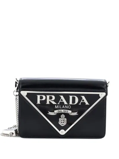 Pre-owned Prada Maxi Triangle Logo Chain Flap Bag Brushed Leather Small Crossbody Bag In Black