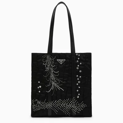 Prada Women's Medium Re-nylon Shopping Bag With Embroidery In Black