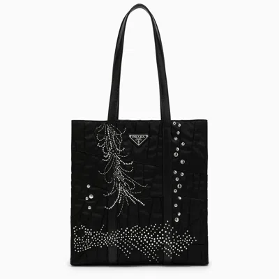 Prada Medium Black Re-nylon Shopping Bag With Embroidery Women