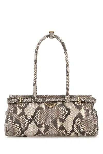 Prada Medium Bonnie Shoulder Handbag In Python Leather With Golden Metal Hardware In White