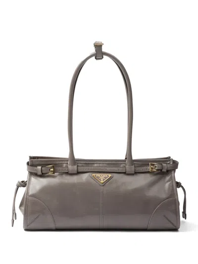 Prada Womens Grey Brand-plaque Medium Leather Shoulder Bag In Gray
