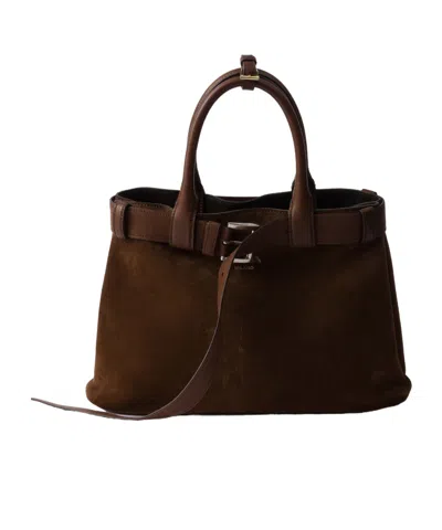 Prada Medium Buckle Belt-detail Suede Bag In Cocoa Brown