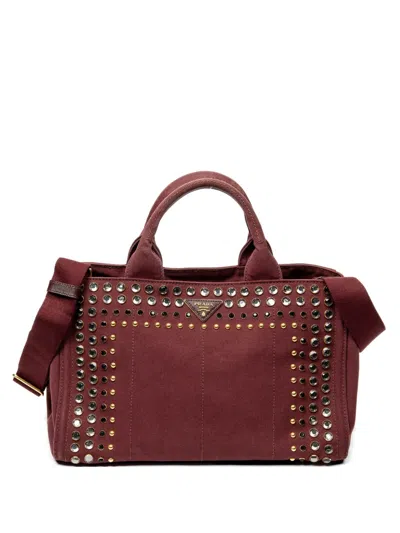 Pre-owned Prada Medium Canapa Crystal-embellished Tote Bag In Red