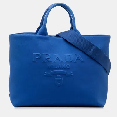Pre-owned Prada Medium Canvas Logo Drill Satchel In Blue