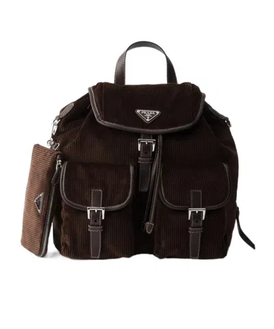 Prada Medium Corduroy And Leather Backpack In Ebony