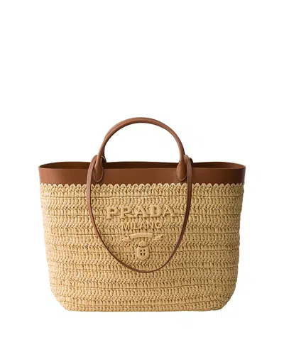 Prada Medium Crochet And Leather Tote Bag In Brown