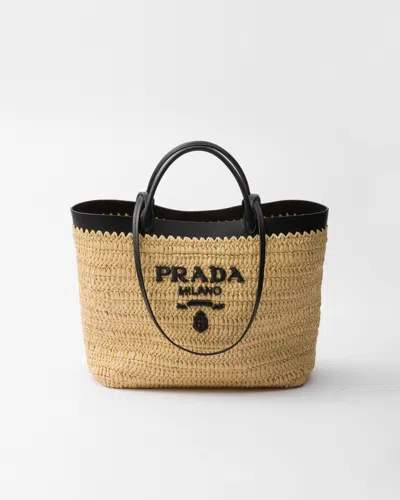 Prada Medium Woven Fabric And Leather Tote Bag In Tan/black
