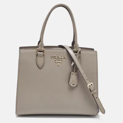 Pre-owned Prada Medium Dark Beige Saffiano Lux Leather Tote In Sand