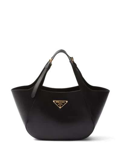 Prada Medium Enamel Triangle Logo Leather Tote Bag In Black