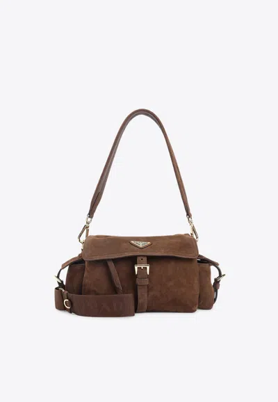 Prada Medium Explore Suede Shoulder Bag In Brown