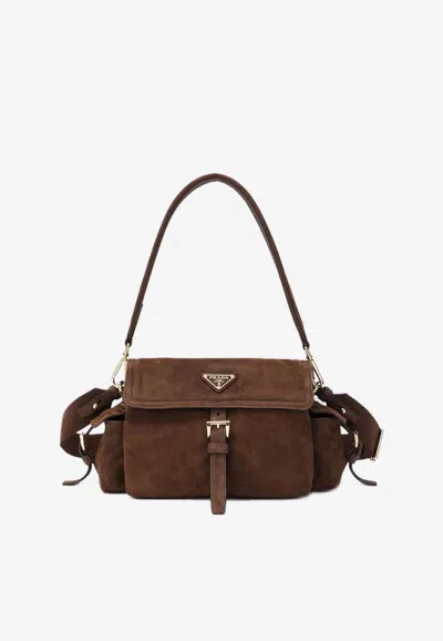 Prada Medium Explore Suede Shoulder Bag In Brown