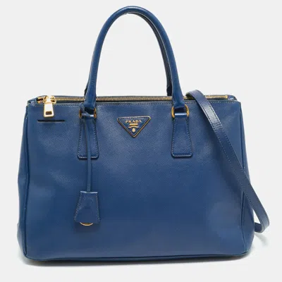 Pre-owned Prada Medium Galleria Double Zip Navy Blue Saffiano Lux Leather Tote