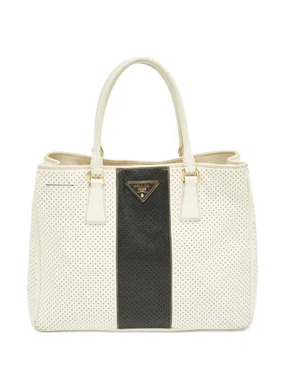 Pre-owned Prada Medium Gardener's Perforated Leather Tote Bag In White