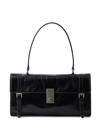 Prada Medium Glossy Finish Leather Work Hand Bags In Black