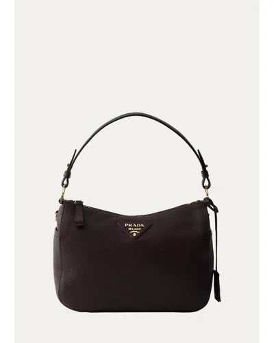 Prada Medium Grain Leather Shoulder Bag In Dakr Brown