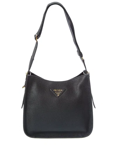 Prada Medium Leather Hobo Bag In Black
