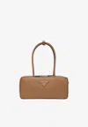 Prada Leather Shoulder Bag Double Handles Rectangular In Brown