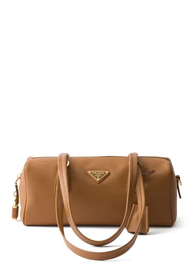 Prada Medium Leather Top-handle Bag With Padlock In Brown