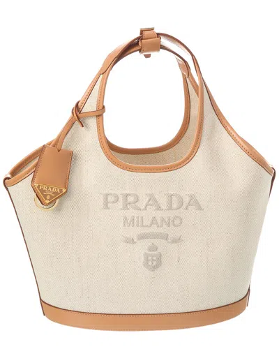 Prada Medium Linen & Leather Tote In Brown