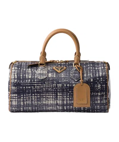 Prada Medium Linen Blend And Leather Top-handle Bag In Black