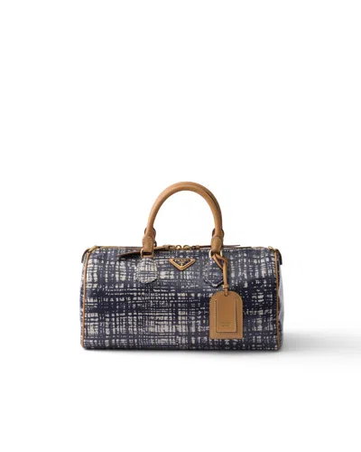 Prada Medium Linen Blend And Leather Top-handle Bag In Blue