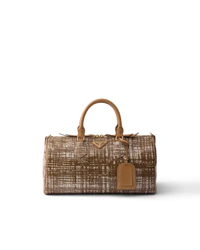 Prada Medium Linen Blend And Leather Top-handle Bag In Brown