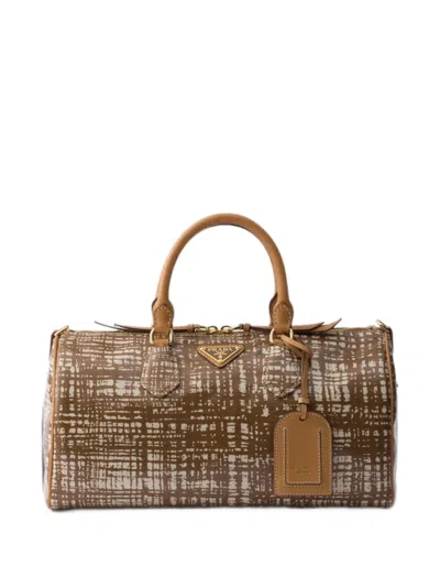Prada Medium Linen Blend And Leather Top-handle Bag In Red