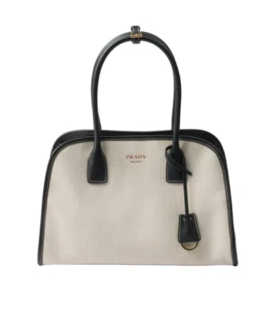 Prada Medium Linen Blend And Leather Tote Bag In Multi