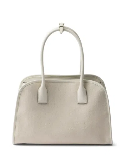 Prada Medium Linen-blend Tote Bag In Tan/white