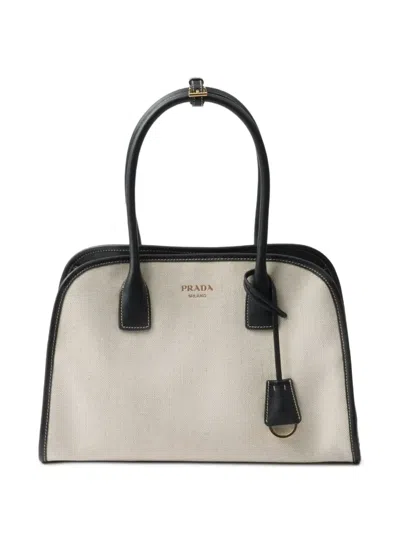 Prada Medium Linen-blend Tote Bag In Tan/black