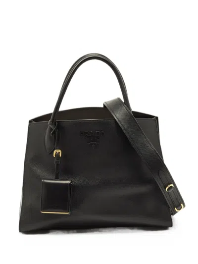Pre-owned Prada Medium Monochrome Saffiano Leather Tote Bag In Black