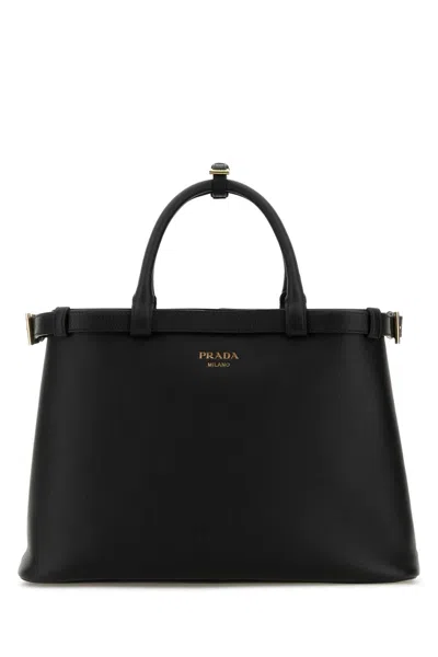 Prada Medium Nappa Leather Buckle Handbag With Adjustable Strap In Black