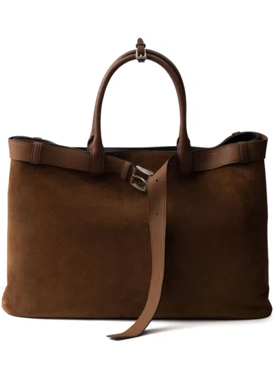 Prada Buckle Suede Bag With Belt In Cocoa Brown