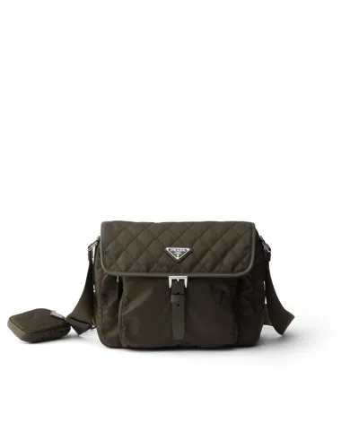 Prada Medium Quilted Re-nylon Shoulder Bag With Saffiano Leather Trim In Forest