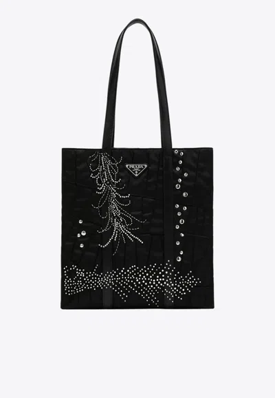 Prada Medium Re-nylon Patchwork Tote Bag With Embroidery In Black