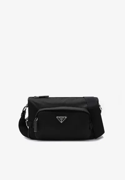 Prada Medium Re-nylon Logo Messenger Bag In Black