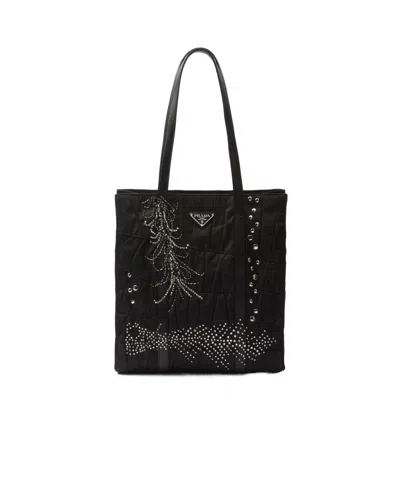 Prada Women's Medium Re-nylon Shopping Bag With Embroidery In Black