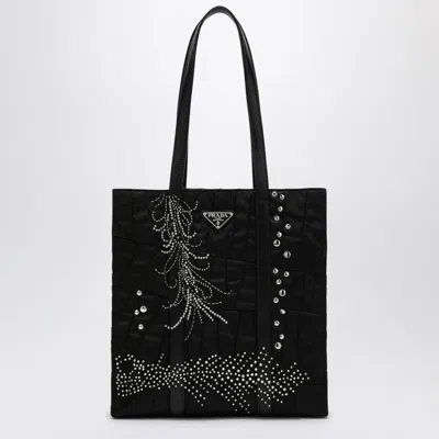 Prada Medium Re-nylon Shopping Bag With Embroidery In Black