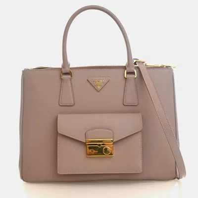 Pre-owned Prada Medium Saffiano Galleria Front Pocket Tote In Sand