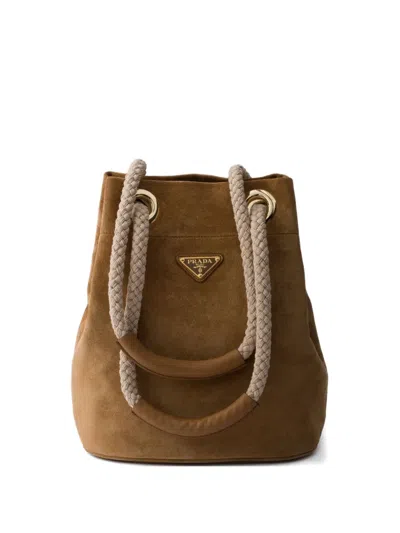 Prada Medium Suede Bucket Bag In Brown