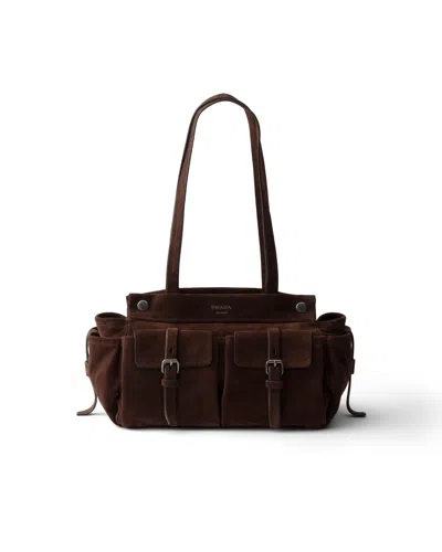 Prada Medium Suede Tote Bag In Dark Brown