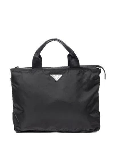 Pre-owned Prada Medium Triangle-logo Tote Bag In Black