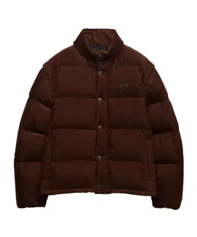 Prada Mens Brown Logo-plaque Corduroy Cotton Down Jacket