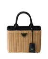 Prada Medium Wicker And Canvas Tote Bag In Brown