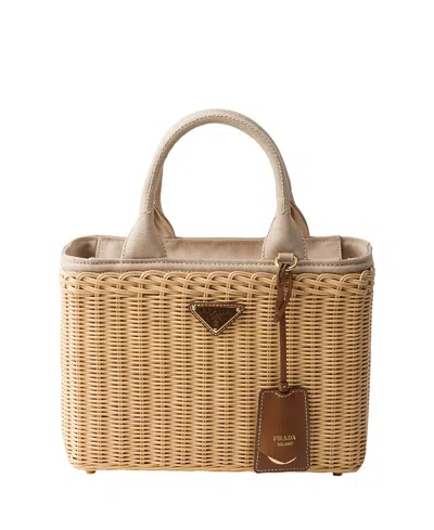 Prada Medium Wicker And Canvas Tote Bag In Neutral