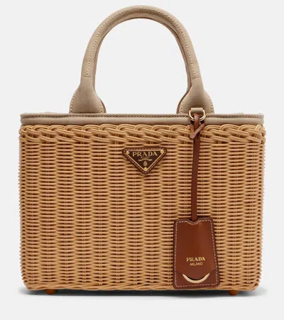 Prada Medium Wicker And Canvas Tote Bag In Brown