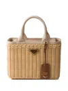 Prada Medium Wicker And Canvas Tote Bag In Neutral