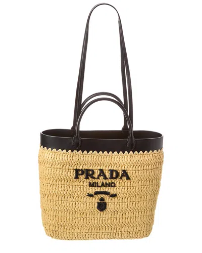 Prada Small Woven Straw & Leather Tote In Black